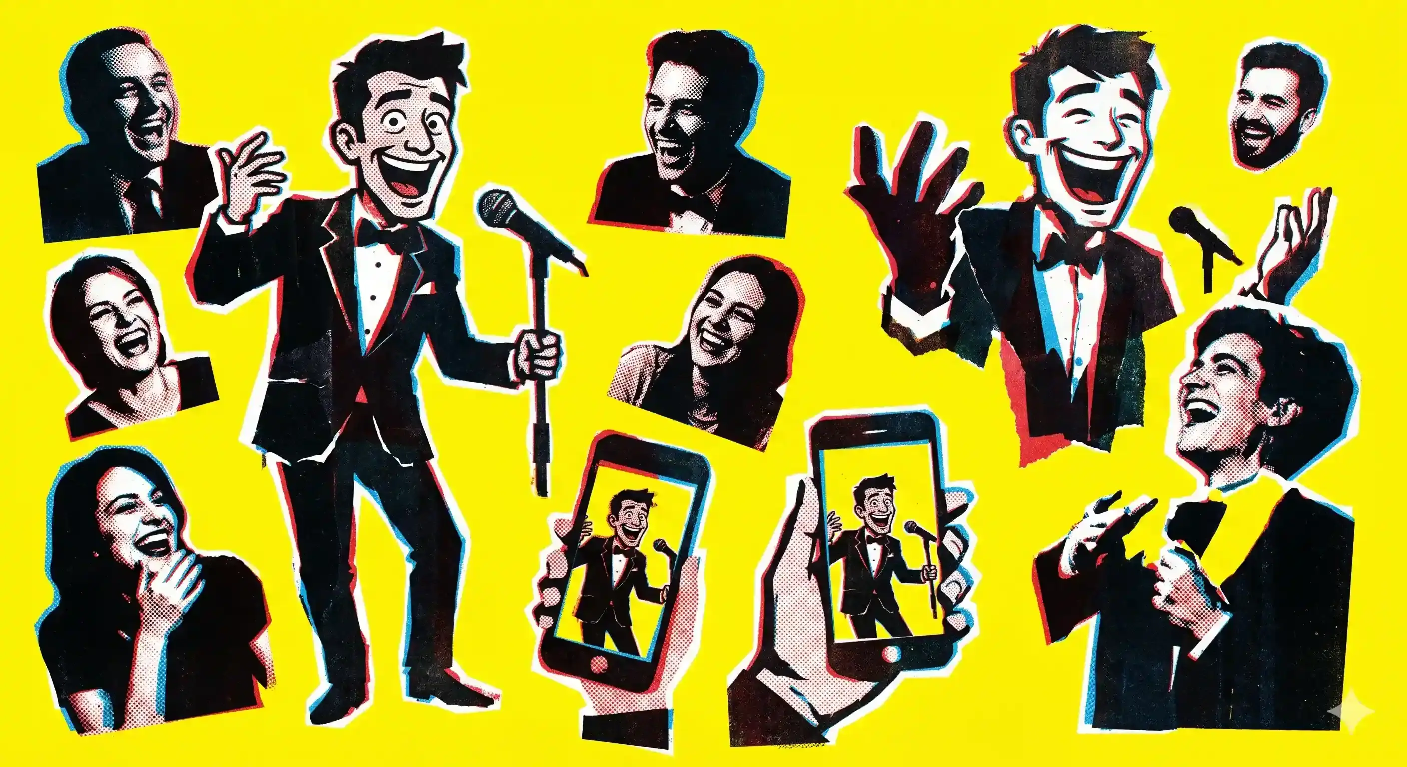 Halftone illustration of a best man at a microphone surrounded by laughing wedding guests