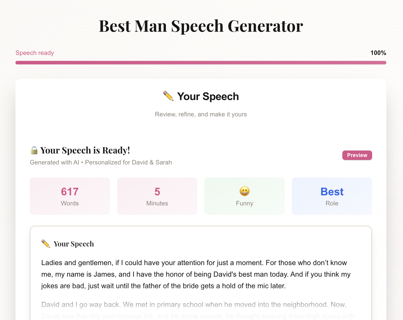Generated best man speech with word count, tone, and speech text
