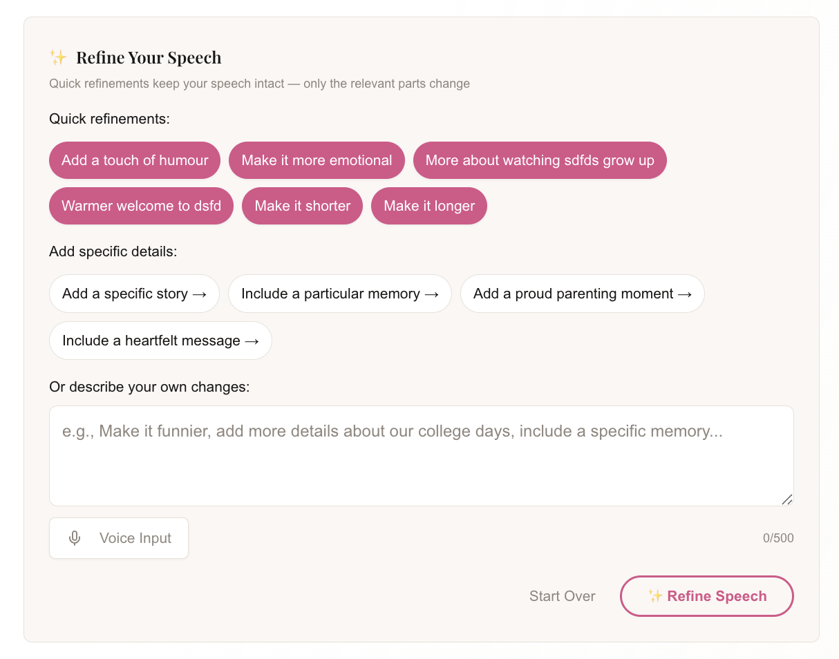 Nail The Speech refinement panel with quick prompts, detail options, and custom input