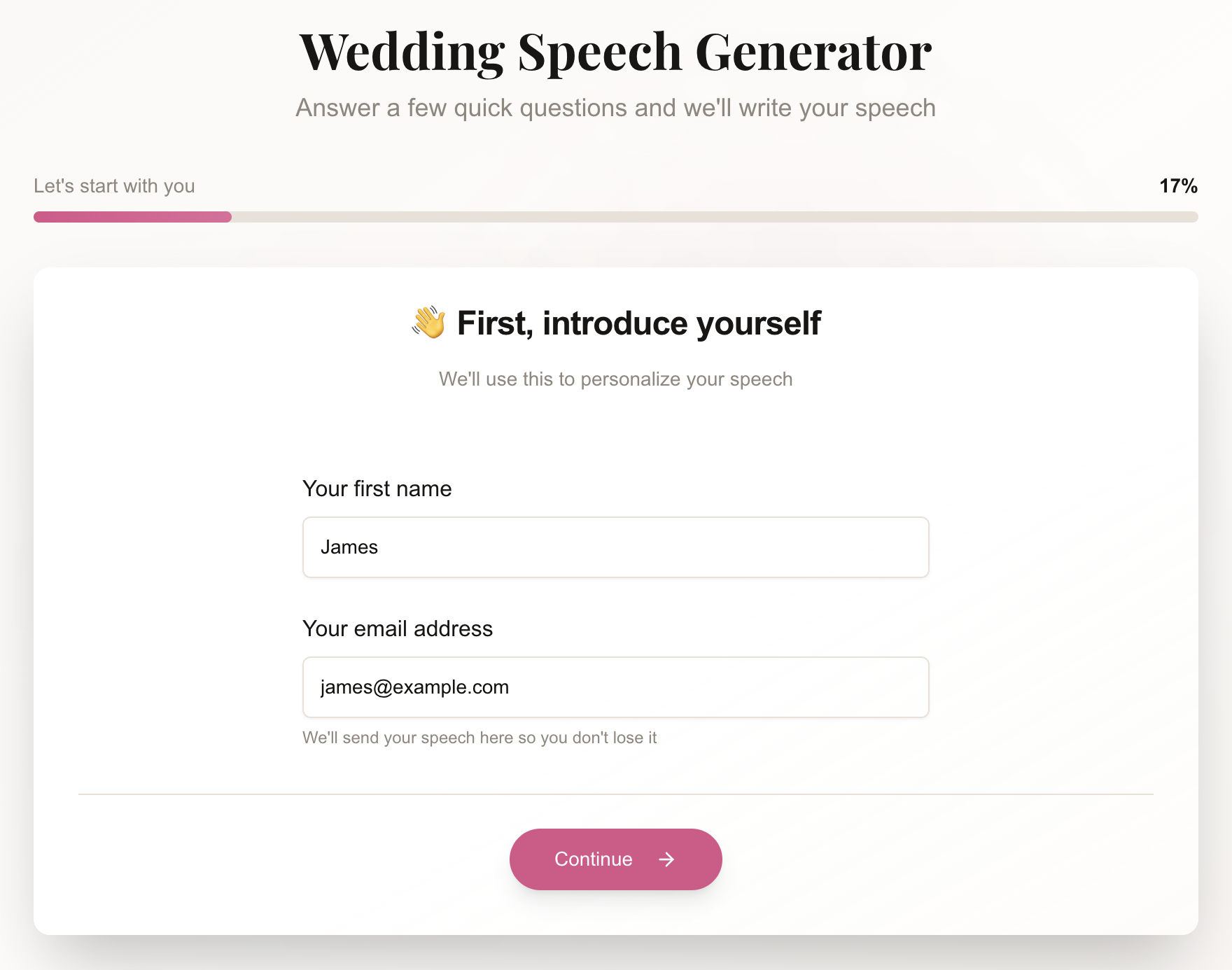 Nail The Speech generator input form with name fields and questionnaire
