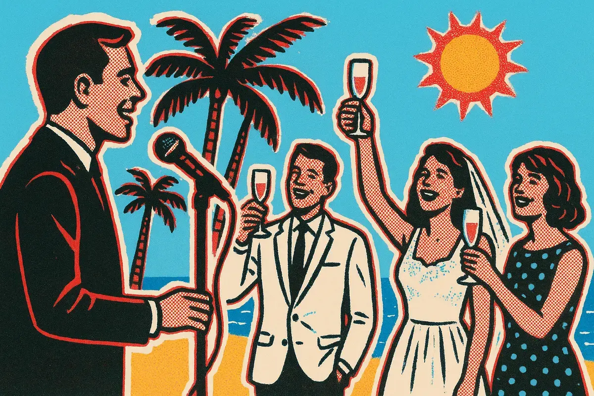 Halftone illustration of a wedding speech at a sunny destination wedding