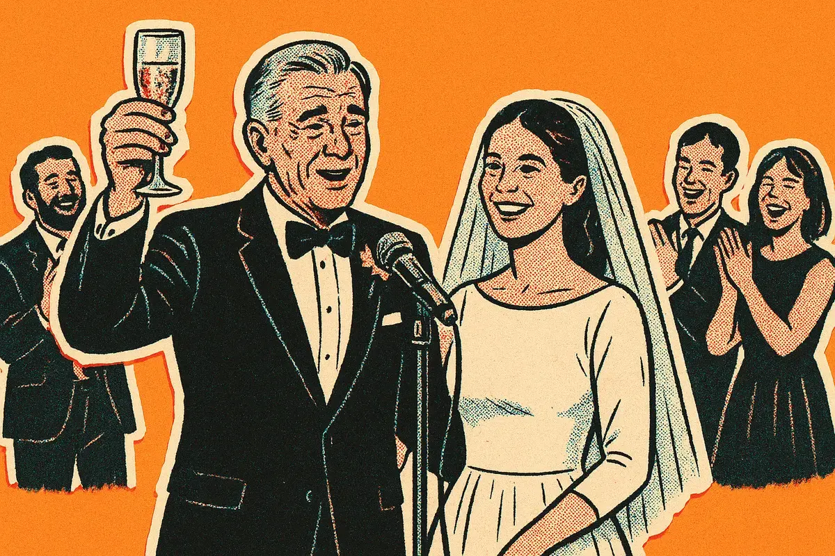 Halftone illustration of a father of the bride at a microphone beside his daughter