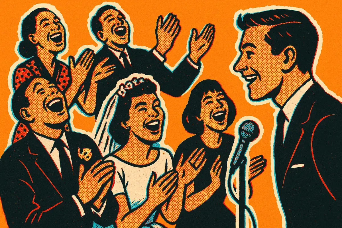 Halftone illustration of a wedding crowd laughing at a speech