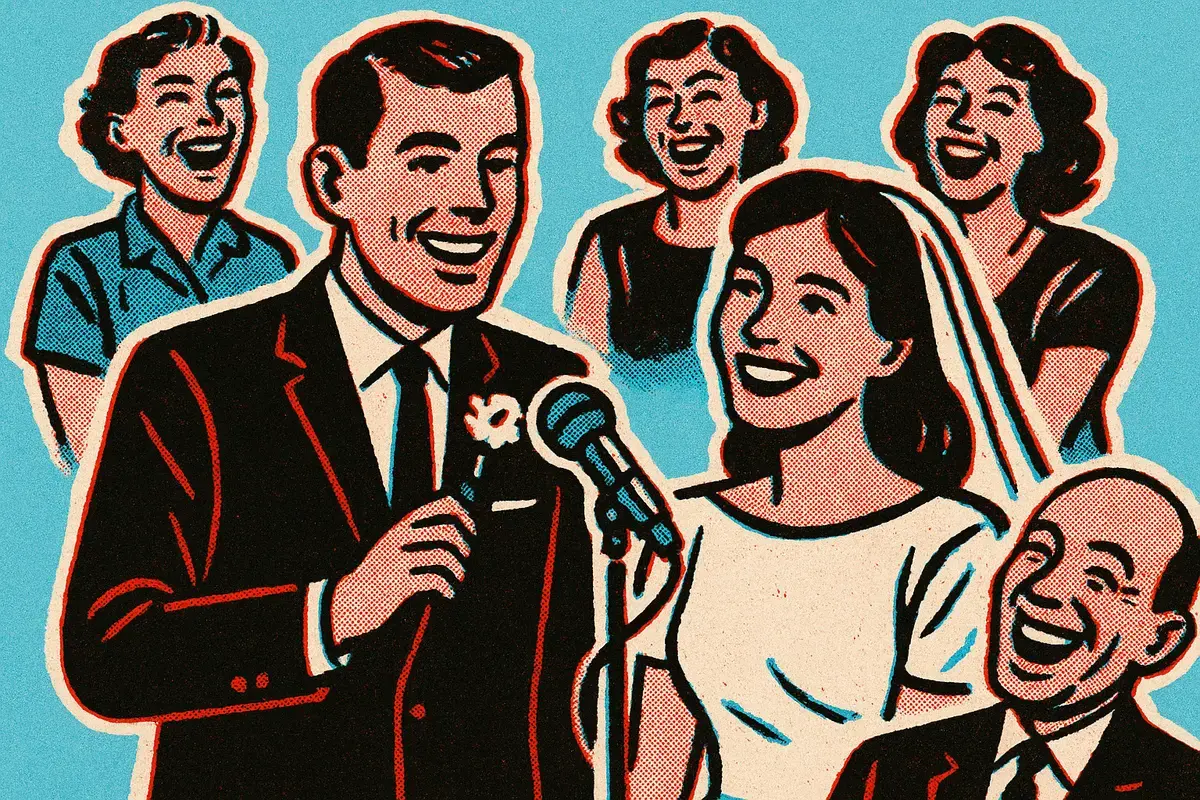 Halftone illustration of a groom at a microphone beside his smiling partner