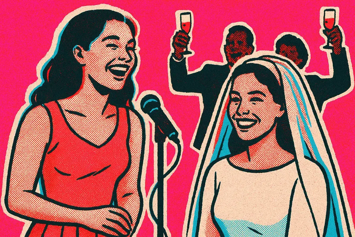 Halftone illustration of a maid of honor at a microphone beside a smiling bride