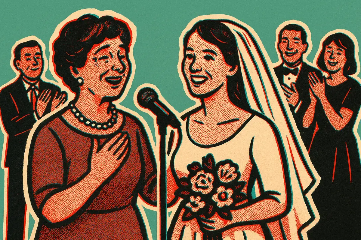 Halftone illustration of a mother of the bride at a microphone beside her daughter