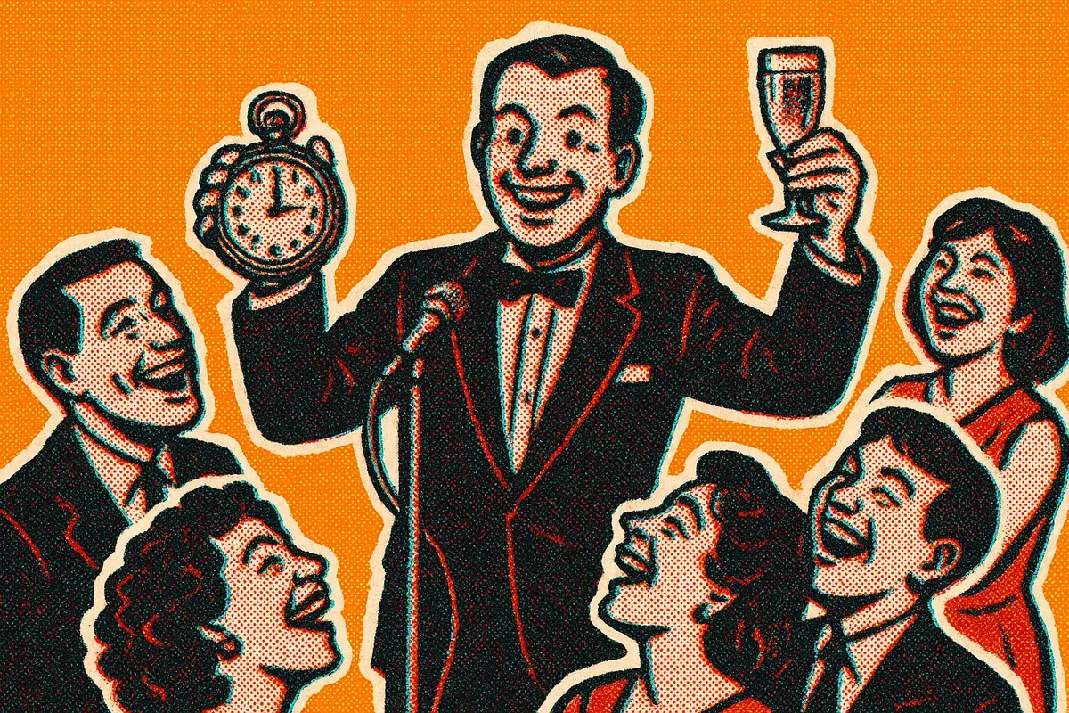 Halftone illustration of a wedding speaker with a stopwatch and a glass raised