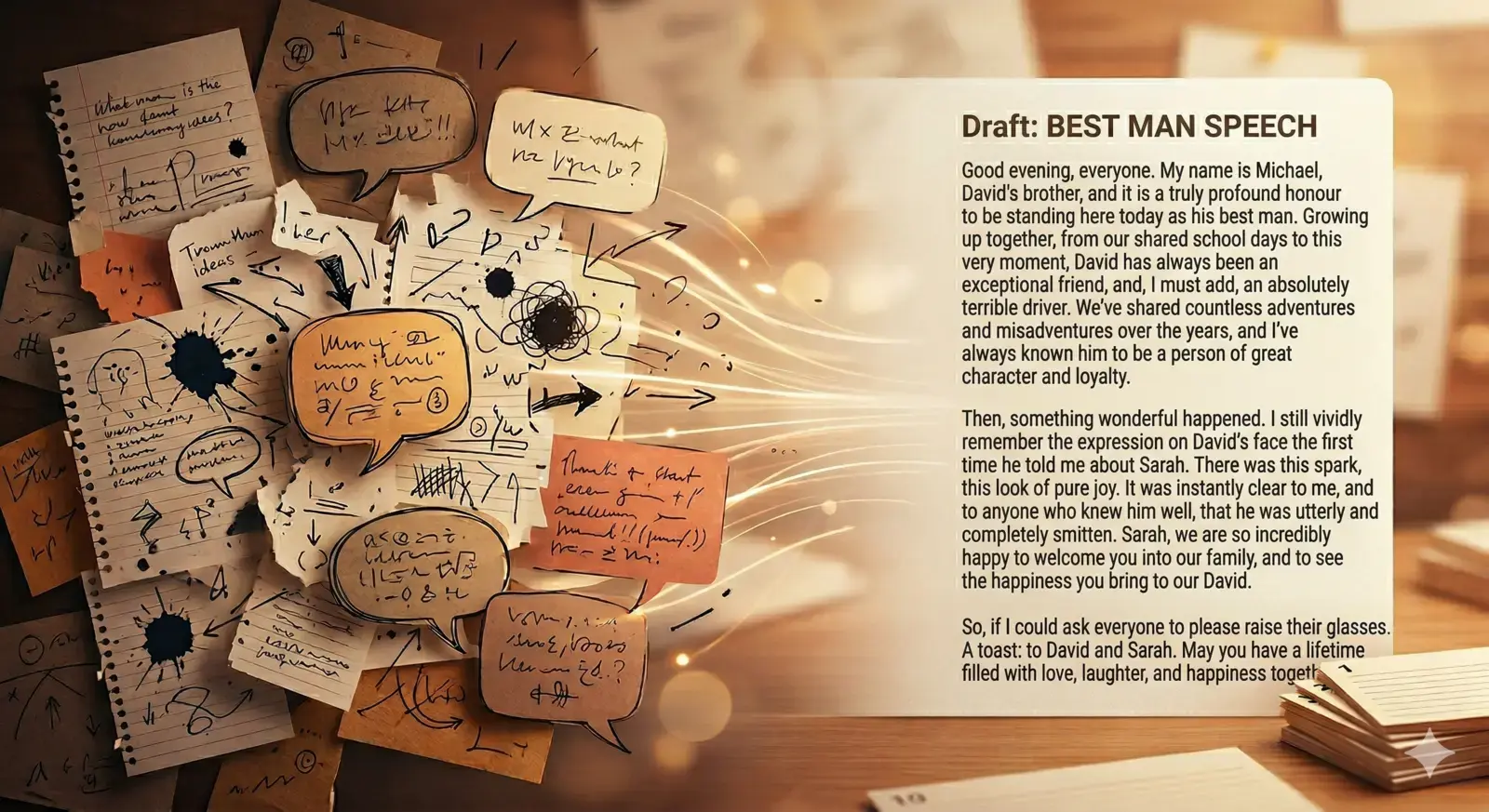 Scattered notes transforming into a polished wedding speech