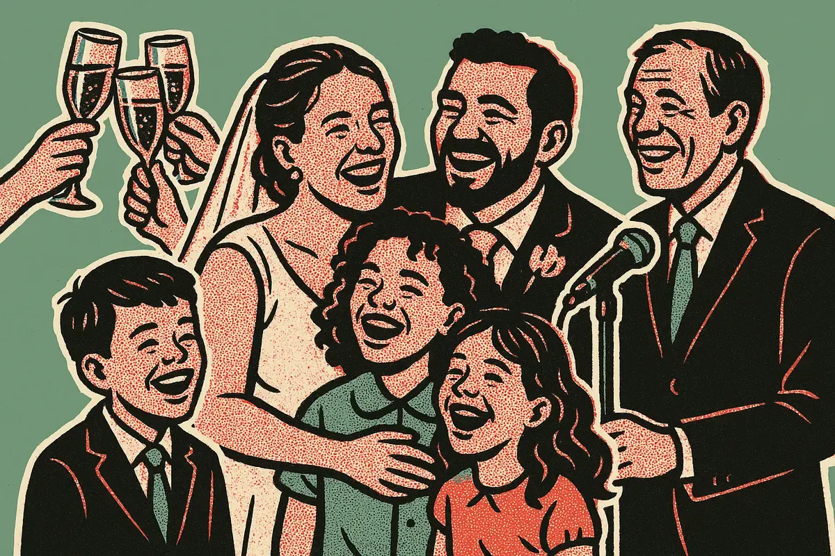 Halftone illustration of a blended family celebrating at a wedding