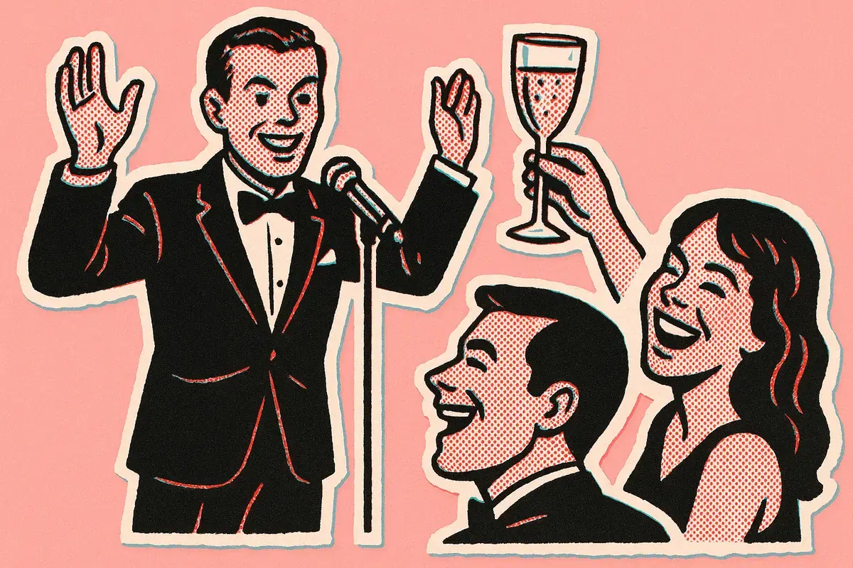 Halftone illustration of a best man delivering a short, punchy wedding toast