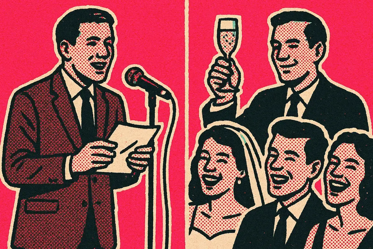 Halftone illustration contrasting a wedding speech with a glass-raising toast